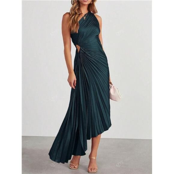 NEW - Elegant Dark Green Ruched Flare Asymmetric Shoulder Elegant Cocktail Dress - Picture 1 of 8